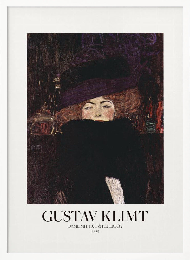 A framed art print of Gustav Klimt's 1909 painting, 'Lady with Hat and Feather Boa'. It features a portrait of a woman with auburn hair, a large purple hat, and a black feather boa obscuring her mouth, set against a dark, textured background. Poster