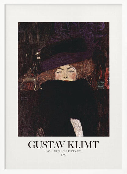 A framed art print of Gustav Klimt's 1909 painting, 'Lady with Hat and Feather Boa'. It features a portrait of a woman with auburn hair, a large purple hat, and a black feather boa obscuring her mouth, set against a dark, textured background. Poster