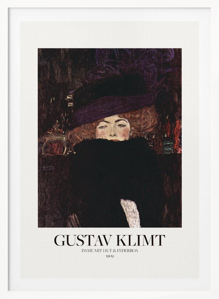 A framed art print of Gustav Klimt's 1909 painting, 'Lady with Hat and Feather Boa'. It features a portrait of a woman with auburn hair, a large purple hat, and a black feather boa obscuring her mouth, set against a dark, textured background. Poster