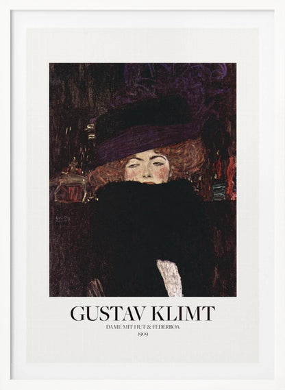 A framed art print of Gustav Klimt's 1909 painting, 'Lady with Hat and Feather Boa'. It features a portrait of a woman with auburn hair, a large purple hat, and a black feather boa obscuring her mouth, set against a dark, textured background. Poster