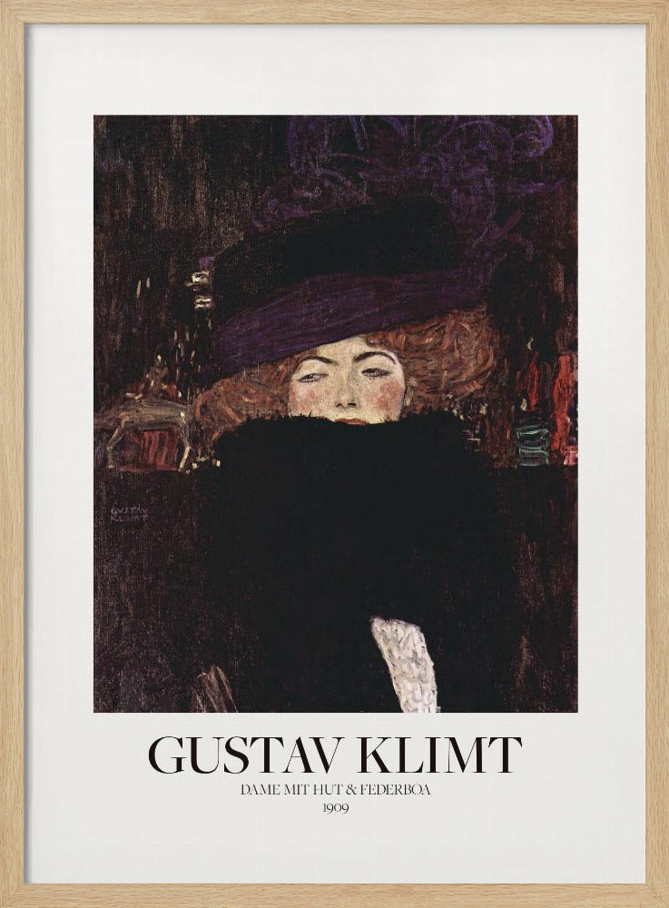 A framed art print of Gustav Klimt's 1909 painting, 'Lady with Hat and Feather Boa'. It features a portrait of a woman with auburn hair, a large purple hat, and a black feather boa obscuring her mouth, set against a dark, textured background. Poster