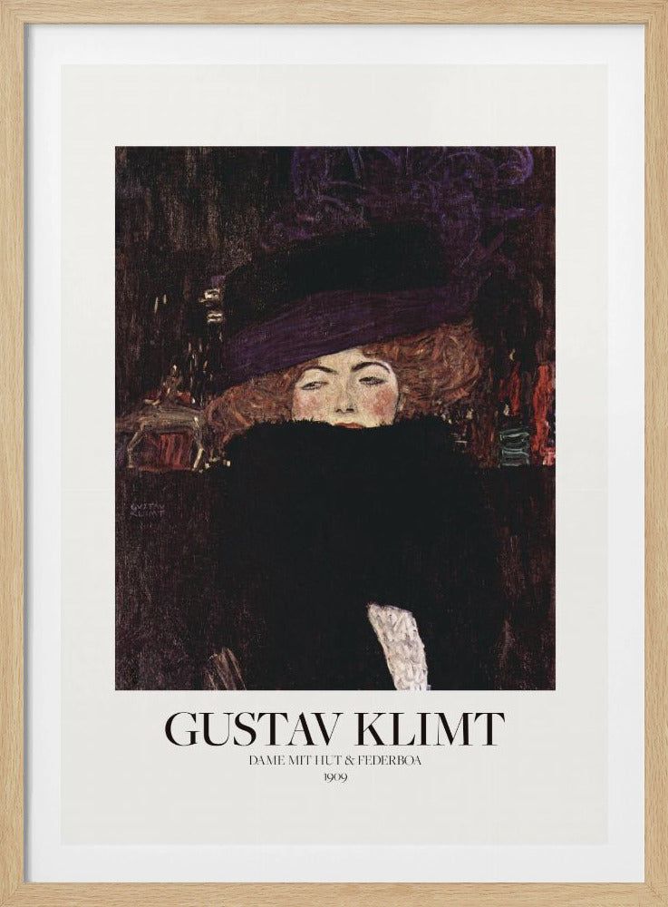 A framed art print of Gustav Klimt's 1909 painting, 'Lady with Hat and Feather Boa'. It features a portrait of a woman with auburn hair, a large purple hat, and a black feather boa obscuring her mouth, set against a dark, textured background. Poster