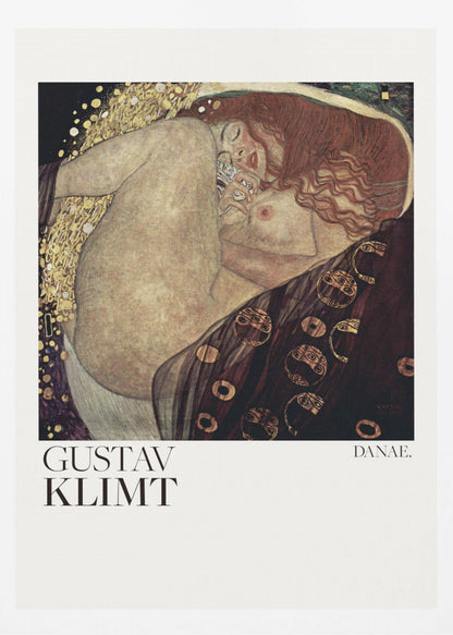 A poster of Gustav Klimt's 'Danae,' a famous Art Nouveau painting. It shows a nude woman with flowing red hair in a fetal position, enveloped by a shower of gold, set against a dark, ornate background. The poster has a white border with the artist's name and the title. Poster