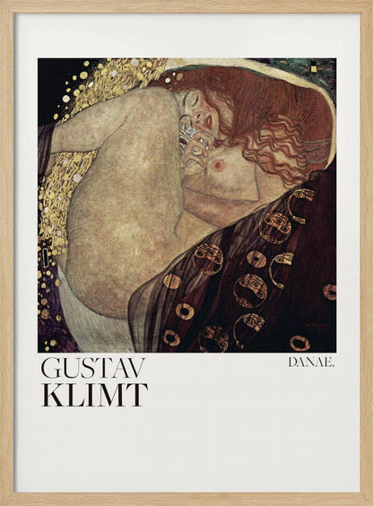 A poster of Gustav Klimt's 'Danae,' a famous Art Nouveau painting. It shows a nude woman with flowing red hair in a fetal position, enveloped by a shower of gold, set against a dark, ornate background. The poster has a white border with the artist's name and the title. Poster