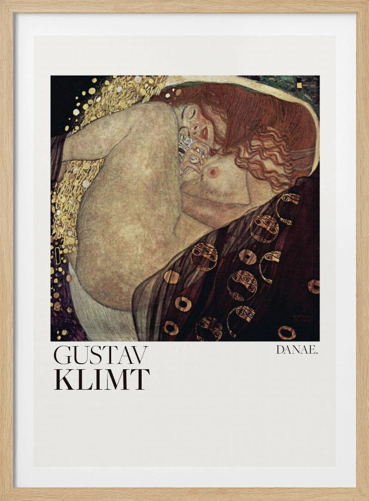 A poster of Gustav Klimt's 'Danae,' a famous Art Nouveau painting. It shows a nude woman with flowing red hair in a fetal position, enveloped by a shower of gold, set against a dark, ornate background. The poster has a white border with the artist's name and the title. Poster