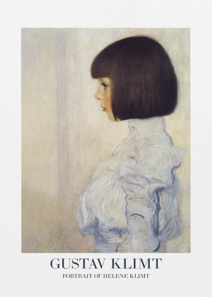 A framed art print of Gustav Klimt's 'Portrait of Helene Klimt'. The painting shows a young girl in profile with a dark bob haircut and a high-collared, ruffled light blue dress against a textured beige background. The artist's name and the painting's title are printed at the bottom. Wall Art