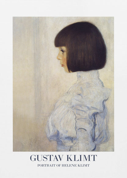 A framed art print of Gustav Klimt's 'Portrait of Helene Klimt'. The painting shows a young girl in profile with a dark bob haircut and a high-collared, ruffled light blue dress against a textured beige background. The artist's name and the painting's title are printed at the bottom. Wall Art