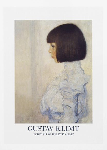 A framed art print of Gustav Klimt's 'Portrait of Helene Klimt'. The painting shows a young girl in profile with a dark bob haircut and a high-collared, ruffled light blue dress against a textured beige background. The artist's name and the painting's title are printed at the bottom. Wall Art