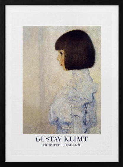A framed art print of Gustav Klimt's 'Portrait of Helene Klimt'. The painting shows a young girl in profile with a dark bob haircut and a high-collared, ruffled light blue dress against a textured beige background. The artist's name and the painting's title are printed at the bottom. Wall Art