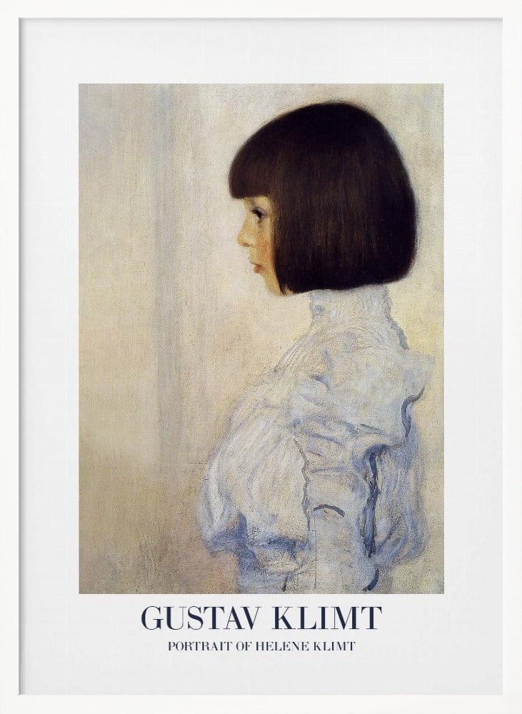 A framed art print of Gustav Klimt's 'Portrait of Helene Klimt'. The painting shows a young girl in profile with a dark bob haircut and a high-collared, ruffled light blue dress against a textured beige background. The artist's name and the painting's title are printed at the bottom. Wall Art