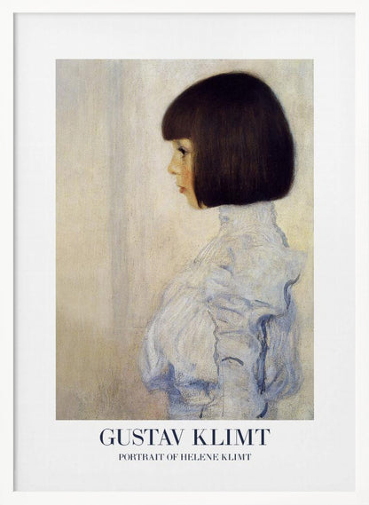 A framed art print of Gustav Klimt's 'Portrait of Helene Klimt'. The painting shows a young girl in profile with a dark bob haircut and a high-collared, ruffled light blue dress against a textured beige background. The artist's name and the painting's title are printed at the bottom. Wall Art