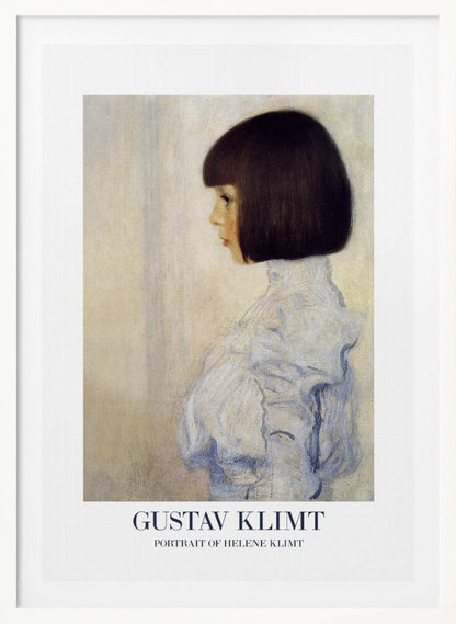 A framed art print of Gustav Klimt's 'Portrait of Helene Klimt'. The painting shows a young girl in profile with a dark bob haircut and a high-collared, ruffled light blue dress against a textured beige background. The artist's name and the painting's title are printed at the bottom. Wall Art