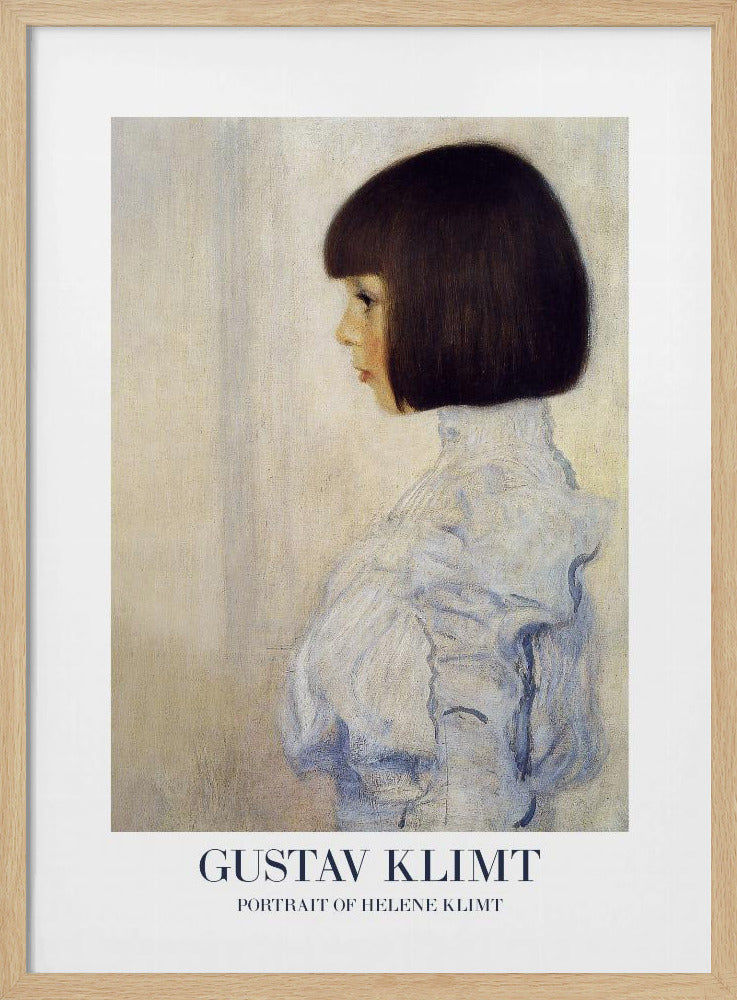 A framed art print of Gustav Klimt's 'Portrait of Helene Klimt'. The painting shows a young girl in profile with a dark bob haircut and a high-collared, ruffled light blue dress against a textured beige background. The artist's name and the painting's title are printed at the bottom. Wall Art