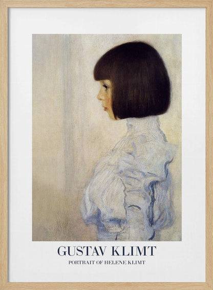 A framed art print of Gustav Klimt's 'Portrait of Helene Klimt'. The painting shows a young girl in profile with a dark bob haircut and a high-collared, ruffled light blue dress against a textured beige background. The artist's name and the painting's title are printed at the bottom. Wall Art