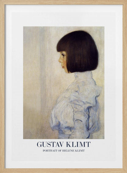 A framed art print of Gustav Klimt's 'Portrait of Helene Klimt'. The painting shows a young girl in profile with a dark bob haircut and a high-collared, ruffled light blue dress against a textured beige background. The artist's name and the painting's title are printed at the bottom. Wall Art