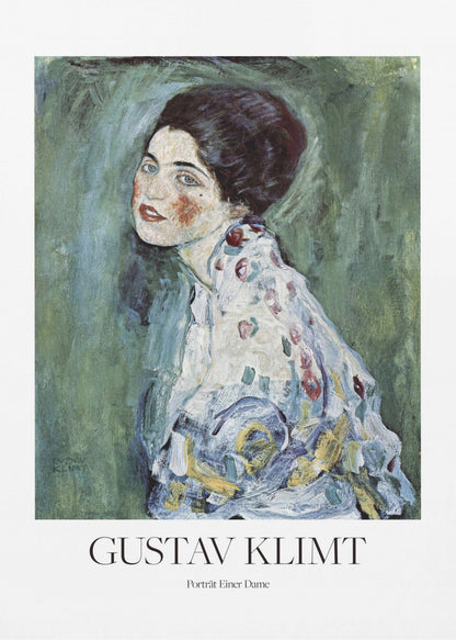 A framed art print poster of Gustav Klimt's "Portrait of a Lady". The painting depicts a woman with dark, upswept hair and blue eyes against a textured green background. The poster includes the text "GUSTAV KLIMT" and "Porträt Einer Dame" below the artwork. Wall Art