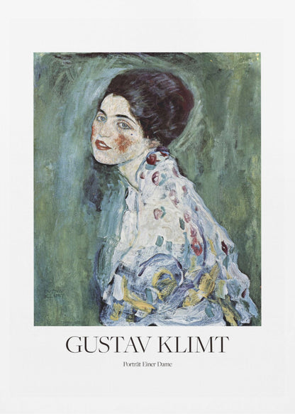 A framed art print poster of Gustav Klimt's "Portrait of a Lady". The painting depicts a woman with dark, upswept hair and blue eyes against a textured green background. The poster includes the text "GUSTAV KLIMT" and "Porträt Einer Dame" below the artwork. Wall Art