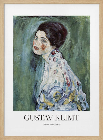 A framed art print poster of Gustav Klimt's "Portrait of a Lady". The painting depicts a woman with dark, upswept hair and blue eyes against a textured green background. The poster includes the text "GUSTAV KLIMT" and "Porträt Einer Dame" below the artwork. Wall Art