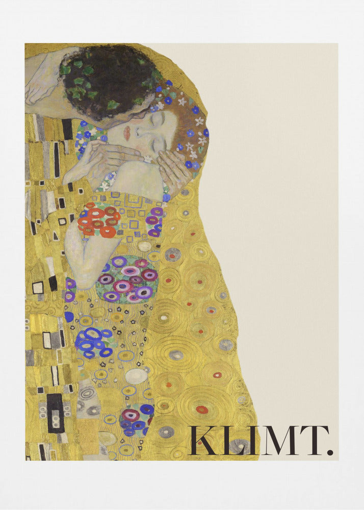 A framed art print of Gustav Klimt's 'The Kiss'. A couple embraces in ornate golden robes against a shimmering gold background. The poster includes the artist's name 'KLIMT.' in the lower right. Decor