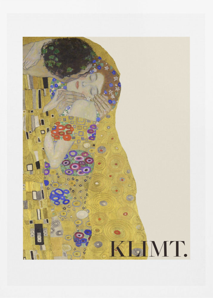 A framed art print of Gustav Klimt's 'The Kiss'. A couple embraces in ornate golden robes against a shimmering gold background. The poster includes the artist's name 'KLIMT.' in the lower right. Decor