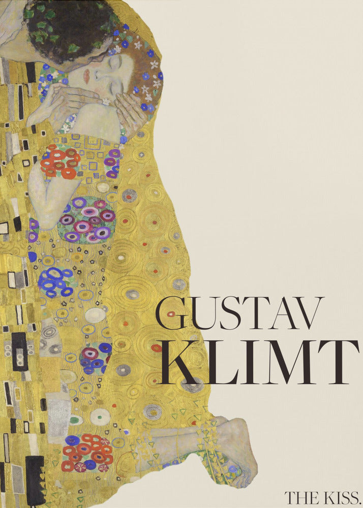 A poster of Gustav Klimt's painting 'The Kiss' featuring an embracing couple enveloped in ornate, golden robes. The artist's name 'GUSTAV KLIMT' and the title 'THE KISS' are printed in black text on a cream background, all within a black frame. Artwork