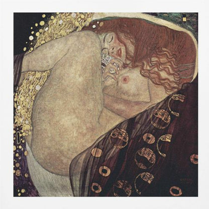 A print of Gustav Klimt's 1907 painting, 'Danaë'. The artwork depicts a sleeping, nude woman with vibrant red hair curled into a fetal position, receiving a shower of golden rain. The style is characteristic of Art Nouveau, with rich, decorative patterns on surrounding fabrics against a dark, star-like background, all within a light wood frame. Wall Art