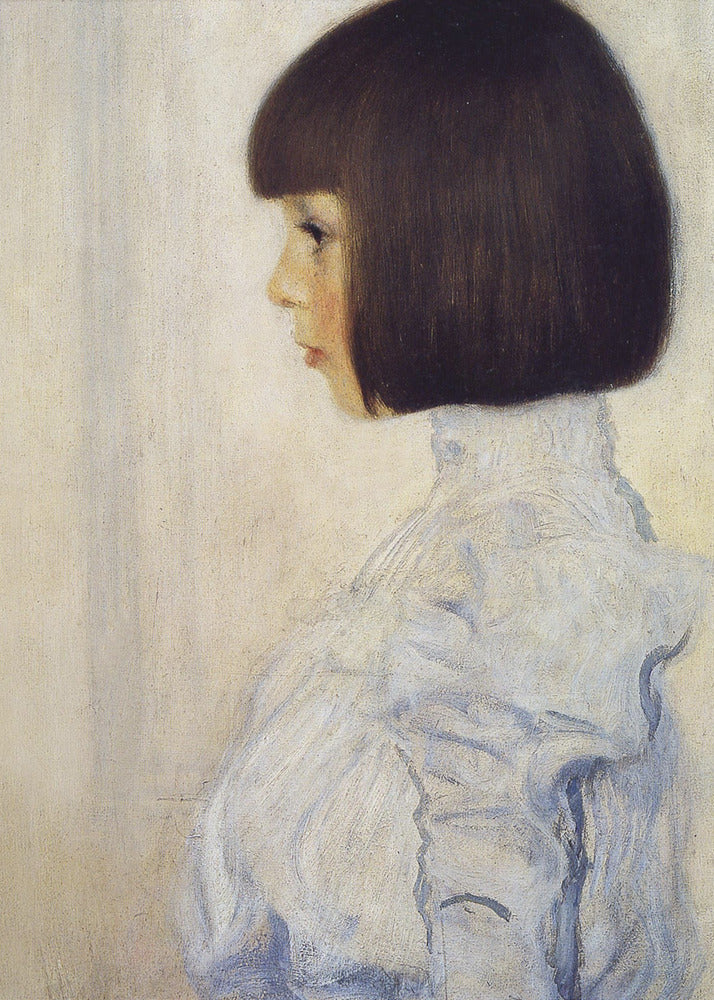 A classic framed portrait painting of a young girl in profile. She has dark brown hair in a sharp bob with bangs and is wearing a high-collared, ruffled light blue blouse against a plain, off-white background. Print