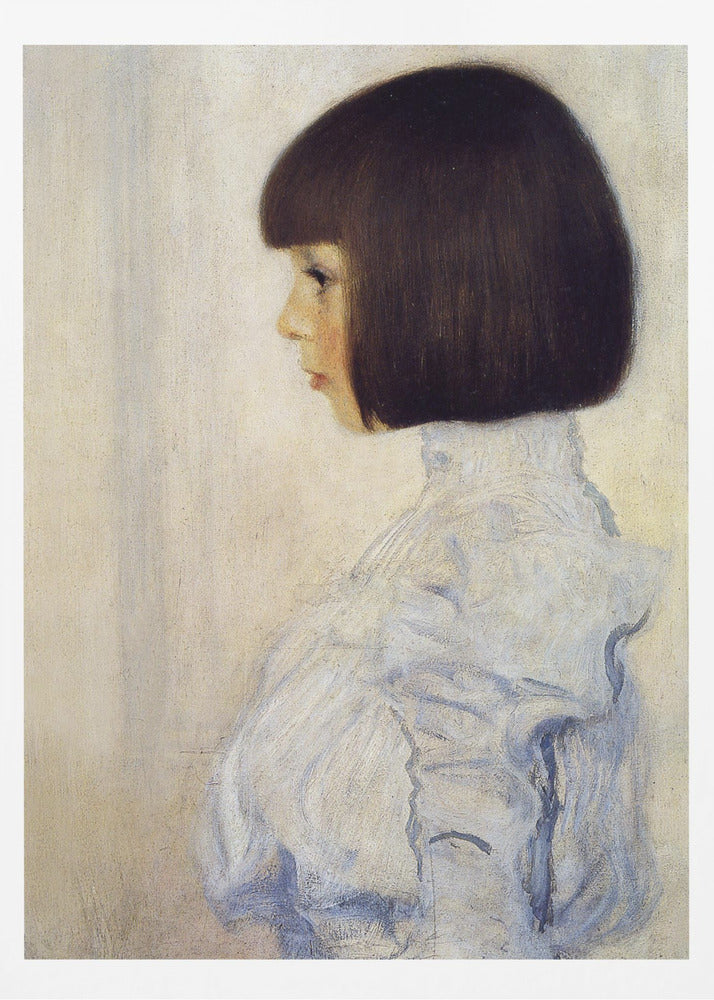 A classic framed portrait painting of a young girl in profile. She has dark brown hair in a sharp bob with bangs and is wearing a high-collared, ruffled light blue blouse against a plain, off-white background. Print