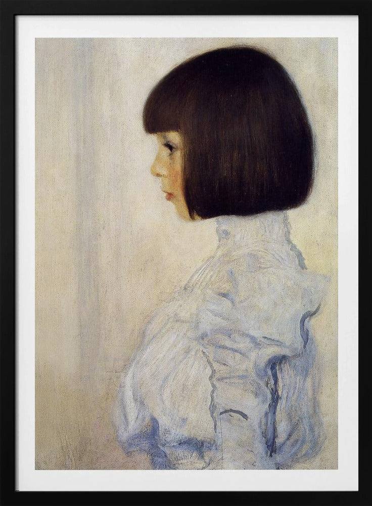 A classic framed portrait painting of a young girl in profile. She has dark brown hair in a sharp bob with bangs and is wearing a high-collared, ruffled light blue blouse against a plain, off-white background. Print