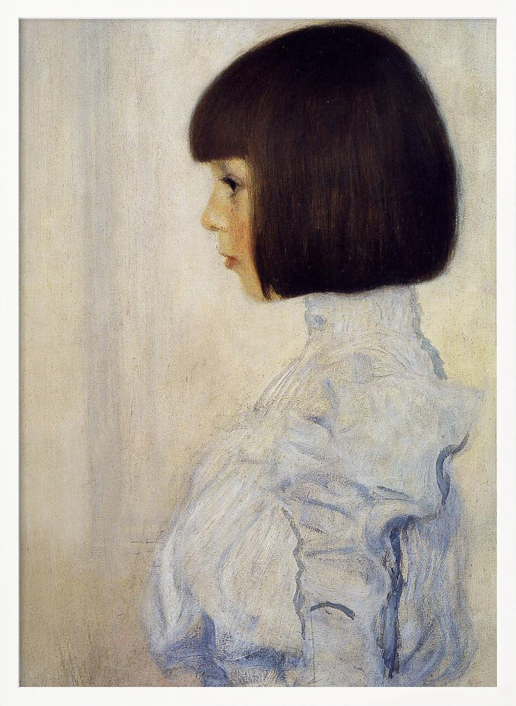 A classic framed portrait painting of a young girl in profile. She has dark brown hair in a sharp bob with bangs and is wearing a high-collared, ruffled light blue blouse against a plain, off-white background. Print