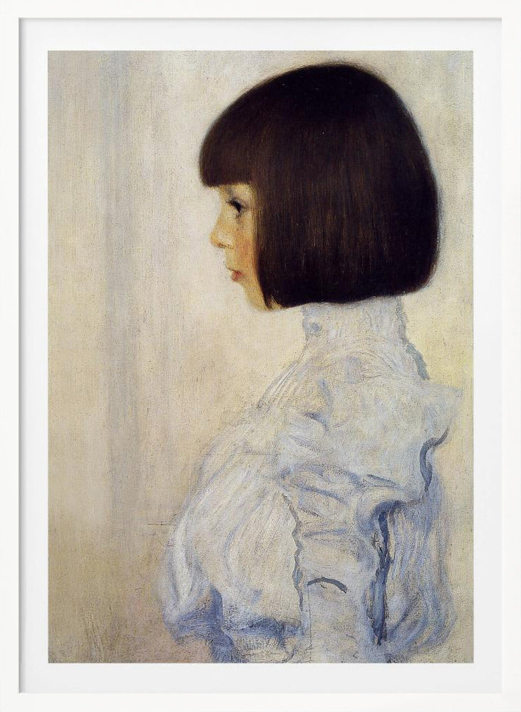A classic framed portrait painting of a young girl in profile. She has dark brown hair in a sharp bob with bangs and is wearing a high-collared, ruffled light blue blouse against a plain, off-white background. Print