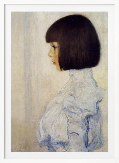A classic framed portrait painting of a young girl in profile. She has dark brown hair in a sharp bob with bangs and is wearing a high-collared, ruffled light blue blouse against a plain, off-white background. Print