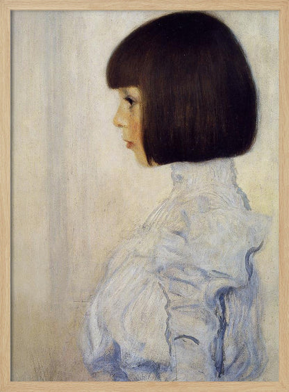 A classic framed portrait painting of a young girl in profile. She has dark brown hair in a sharp bob with bangs and is wearing a high-collared, ruffled light blue blouse against a plain, off-white background. Print