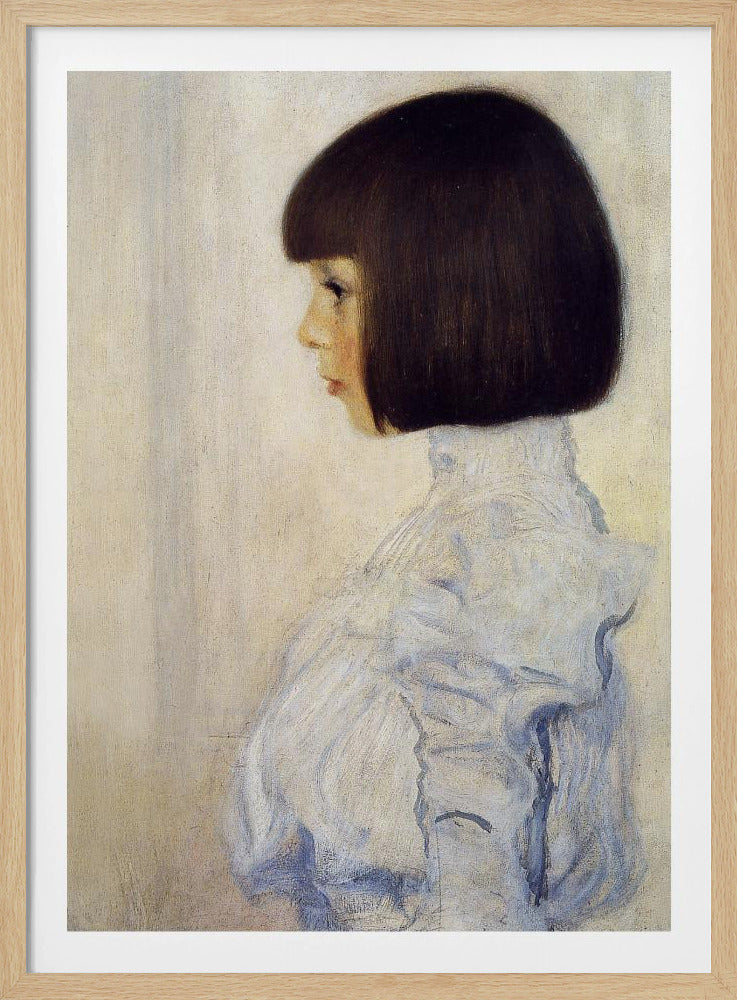 A classic framed portrait painting of a young girl in profile. She has dark brown hair in a sharp bob with bangs and is wearing a high-collared, ruffled light blue blouse against a plain, off-white background. Print