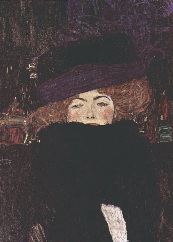 A classic portrait painting by Gustav Klimt of a woman with auburn hair wearing a large purple hat. A voluminous black fur boa covers the lower half of her face, with only her eyes, nose, and rosy cheeks visible as she stares directly at the viewer against a dark, moody background. Decor