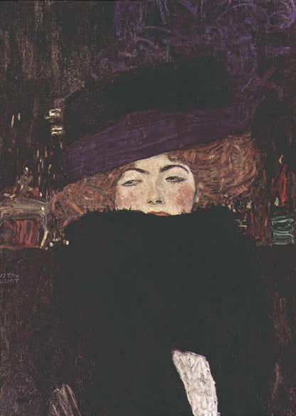A classic portrait painting by Gustav Klimt of a woman with auburn hair wearing a large purple hat. A voluminous black fur boa covers the lower half of her face, with only her eyes, nose, and rosy cheeks visible as she stares directly at the viewer against a dark, moody background. Decor