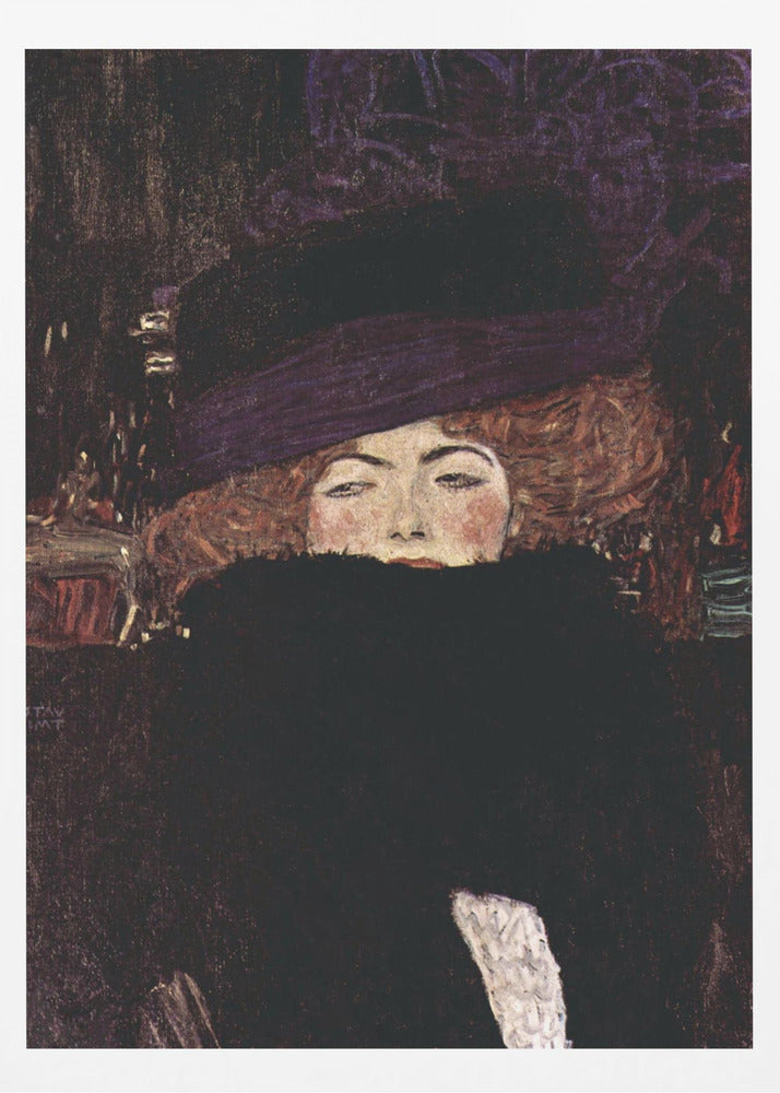 A classic portrait painting by Gustav Klimt of a woman with auburn hair wearing a large purple hat. A voluminous black fur boa covers the lower half of her face, with only her eyes, nose, and rosy cheeks visible as she stares directly at the viewer against a dark, moody background. Decor
