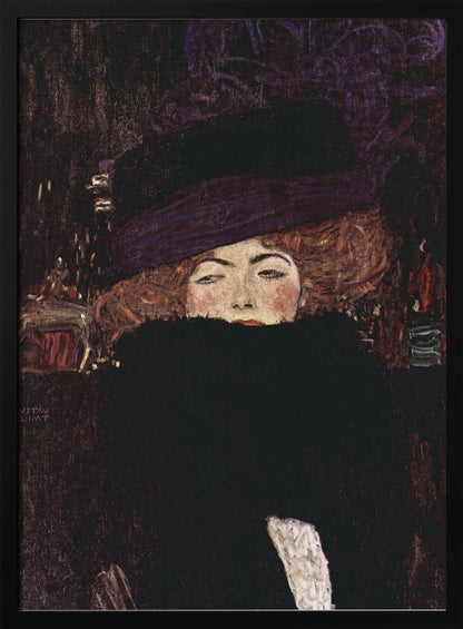 A classic portrait painting by Gustav Klimt of a woman with auburn hair wearing a large purple hat. A voluminous black fur boa covers the lower half of her face, with only her eyes, nose, and rosy cheeks visible as she stares directly at the viewer against a dark, moody background. Decor