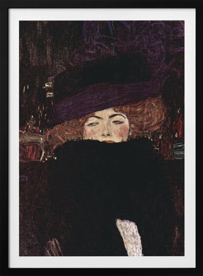 A classic portrait painting by Gustav Klimt of a woman with auburn hair wearing a large purple hat. A voluminous black fur boa covers the lower half of her face, with only her eyes, nose, and rosy cheeks visible as she stares directly at the viewer against a dark, moody background. Decor