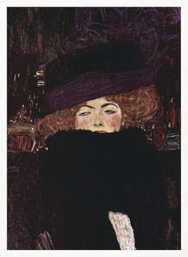 A classic portrait painting by Gustav Klimt of a woman with auburn hair wearing a large purple hat. A voluminous black fur boa covers the lower half of her face, with only her eyes, nose, and rosy cheeks visible as she stares directly at the viewer against a dark, moody background. Decor