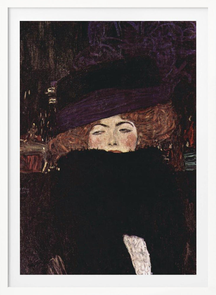 A classic portrait painting by Gustav Klimt of a woman with auburn hair wearing a large purple hat. A voluminous black fur boa covers the lower half of her face, with only her eyes, nose, and rosy cheeks visible as she stares directly at the viewer against a dark, moody background. Decor