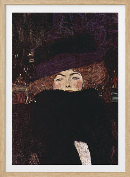 A classic portrait painting by Gustav Klimt of a woman with auburn hair wearing a large purple hat. A voluminous black fur boa covers the lower half of her face, with only her eyes, nose, and rosy cheeks visible as she stares directly at the viewer against a dark, moody background. Decor