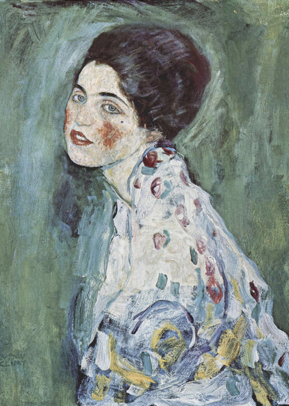 An expressionist portrait painting of a woman with dark hair, blue eyes, and red lipstick, looking back over her shoulder. She wears a patterned dress against a textured green and blue background. The artwork has visible, thick brushstrokes. Artwork