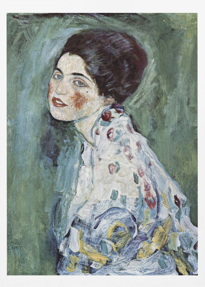 An expressionist portrait painting of a woman with dark hair, blue eyes, and red lipstick, looking back over her shoulder. She wears a patterned dress against a textured green and blue background. The artwork has visible, thick brushstrokes. Artwork