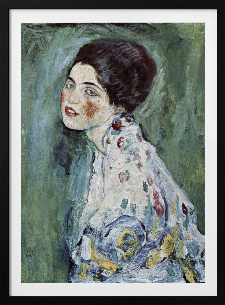 An expressionist portrait painting of a woman with dark hair, blue eyes, and red lipstick, looking back over her shoulder. She wears a patterned dress against a textured green and blue background. The artwork has visible, thick brushstrokes. Artwork