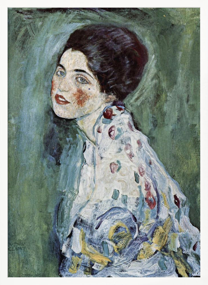 An expressionist portrait painting of a woman with dark hair, blue eyes, and red lipstick, looking back over her shoulder. She wears a patterned dress against a textured green and blue background. The artwork has visible, thick brushstrokes. Artwork