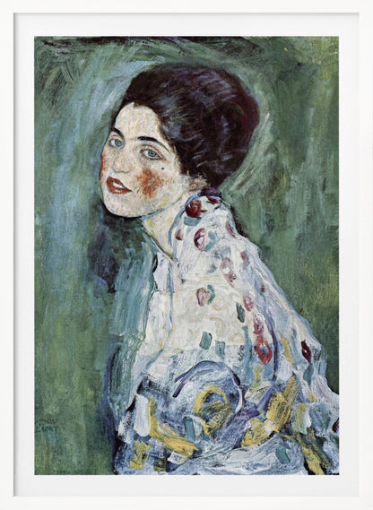 An expressionist portrait painting of a woman with dark hair, blue eyes, and red lipstick, looking back over her shoulder. She wears a patterned dress against a textured green and blue background. The artwork has visible, thick brushstrokes. Artwork