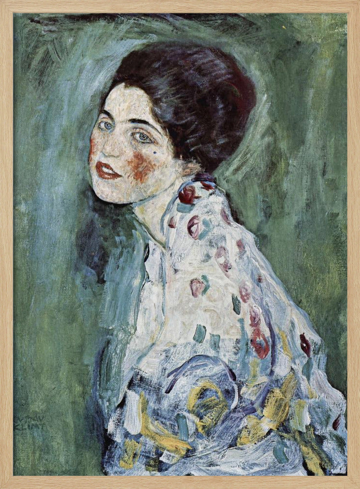 An expressionist portrait painting of a woman with dark hair, blue eyes, and red lipstick, looking back over her shoulder. She wears a patterned dress against a textured green and blue background. The artwork has visible, thick brushstrokes. Artwork
