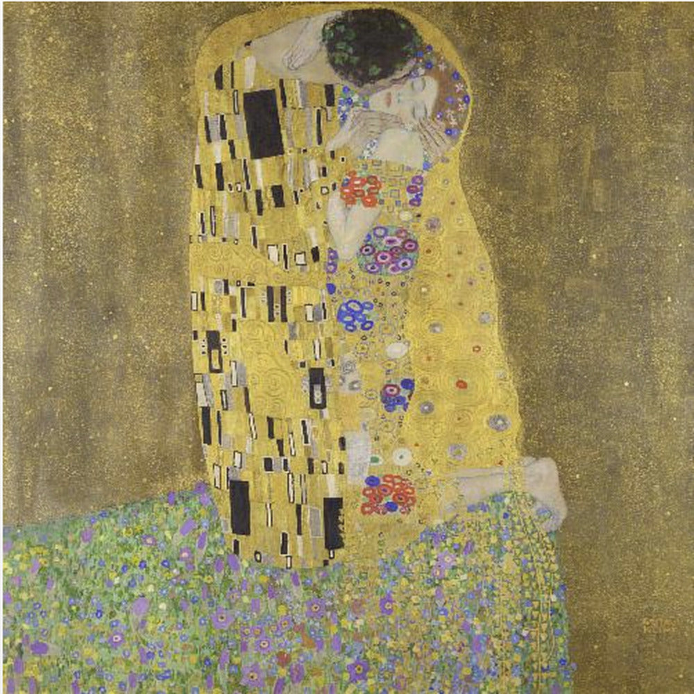 A framed print of Gustav Klimt's famous painting, 'The Kiss'. It features a couple in a passionate embrace, adorned in ornate, patterned golden robes. They are kneeling on a vibrant bed of flowers against a shimmering, textured gold background. Print
