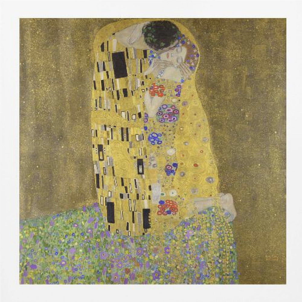 A framed print of Gustav Klimt's famous painting, 'The Kiss'. It features a couple in a passionate embrace, adorned in ornate, patterned golden robes. They are kneeling on a vibrant bed of flowers against a shimmering, textured gold background. Print